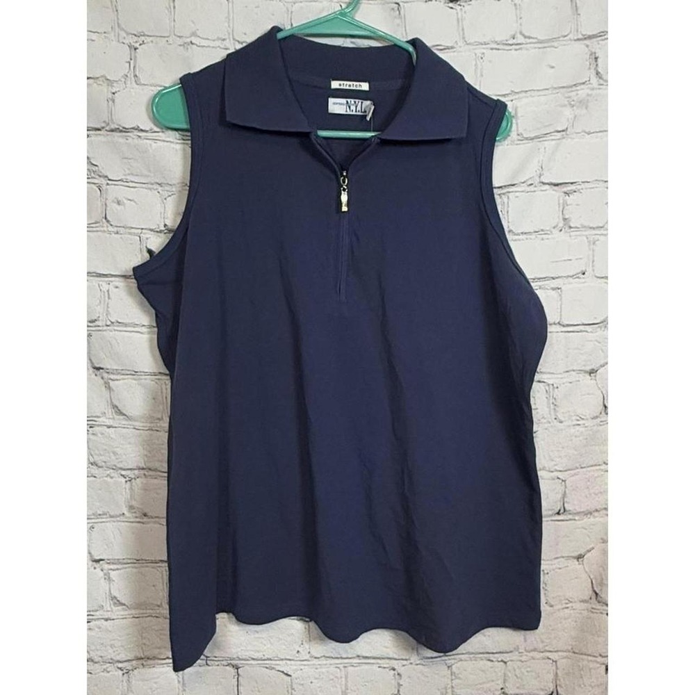 NYL New York Laundry Women's 1X Navy Stretch Sleeveless Zip Polo Shirt NWT